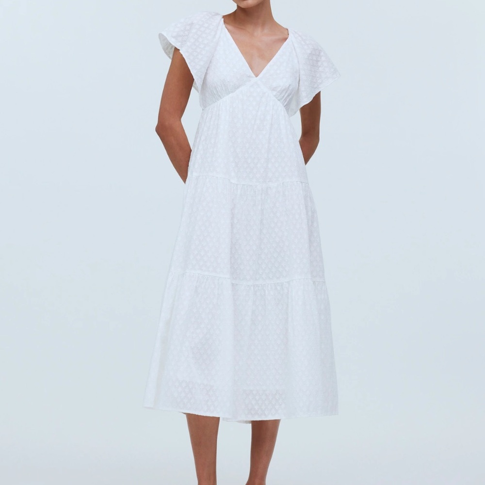 Tie-Back Flutter-Sleeve Tiered Midi Dress